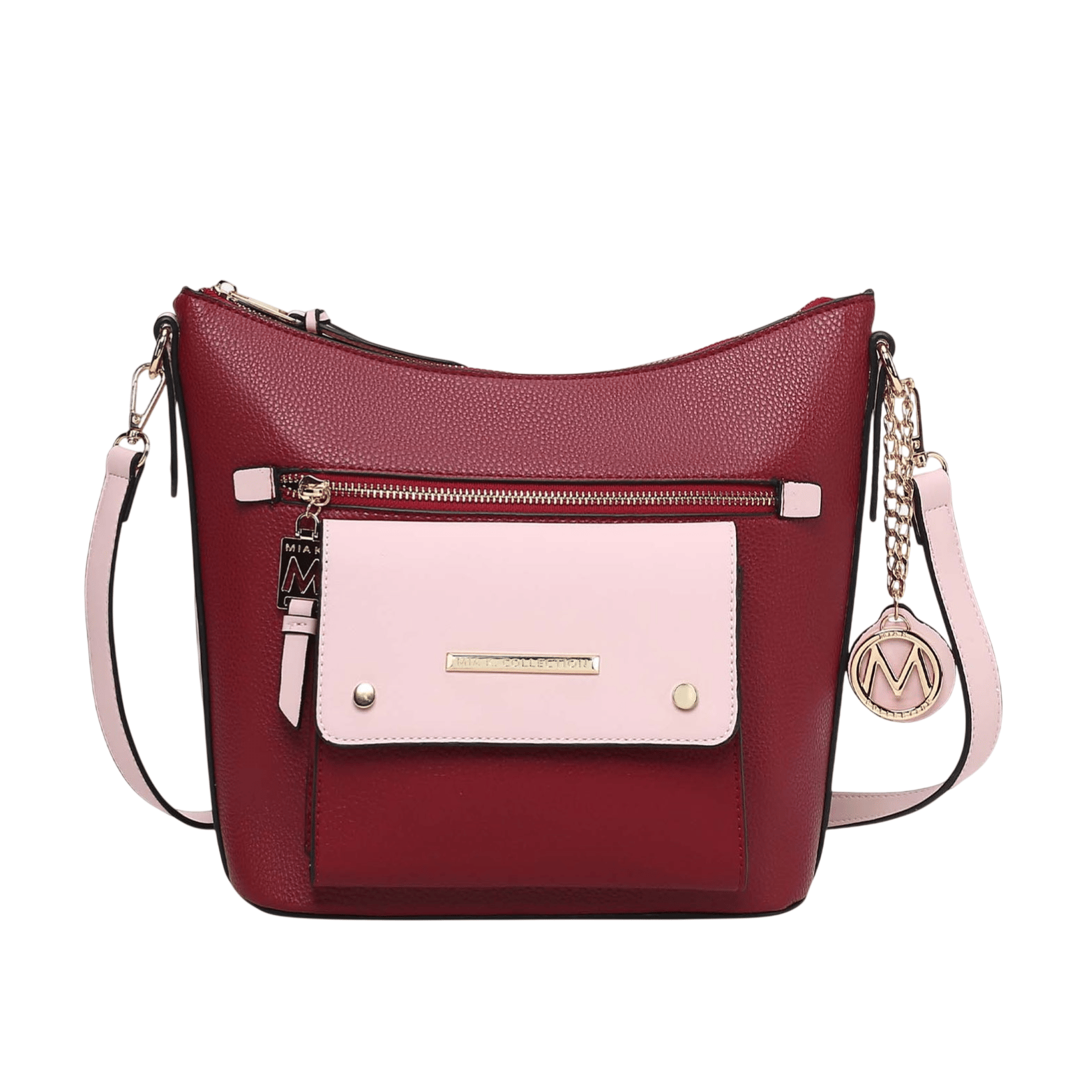 A burgundy and pink crossbody bag with a front pocket, gold accents, and a detachable strap.