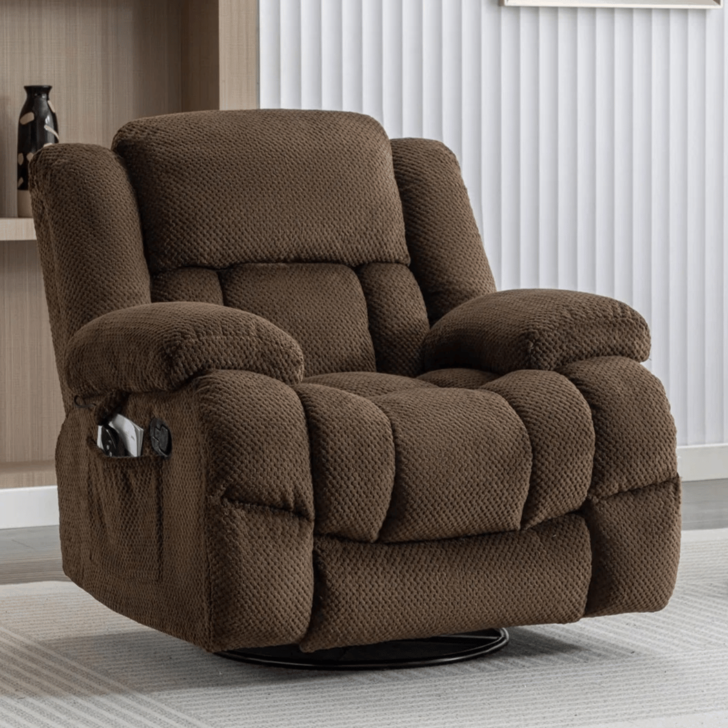 A brown, plush recliner chair with a textured fabric and padded armrests is situated in a contemporary living room setting.