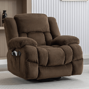 A brown, plush recliner chair with a textured fabric and padded armrests is situated in a contemporary living room setting.