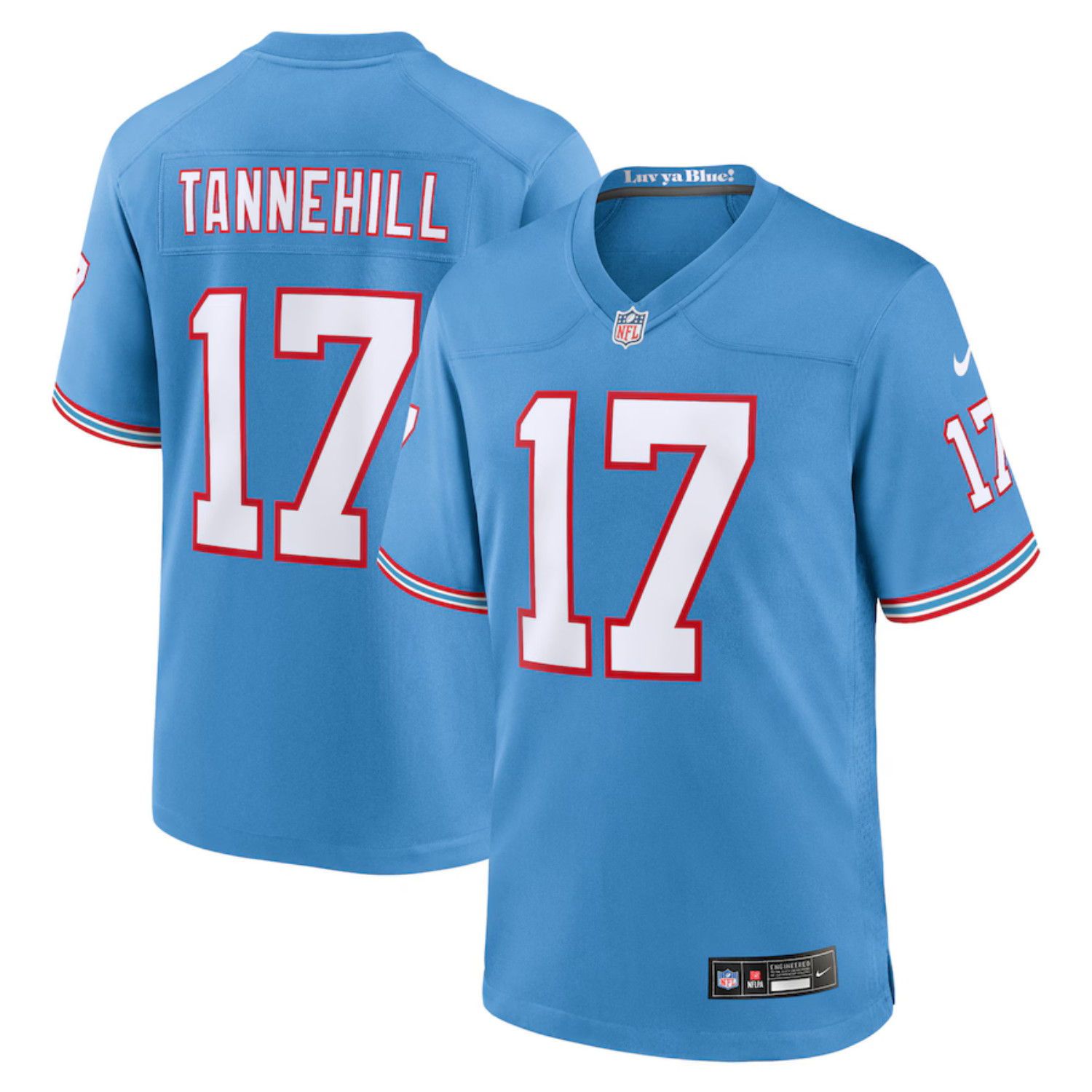Light blue football jersey with \“TANNEHILL\“ and number 17 in white and red, featuring \“Luv ya Blue\“ on the inside collar. Nike and NFL logos are visible.