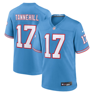 Light blue football jersey with \“TANNEHILL\“ and number 17 in white and red, featuring \“Luv ya Blue\“ on the inside collar. Nike and NFL logos are visible.
