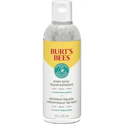 Burt's Bees Even Tone Liquid Exfoliant with AHA, BHA, and PHA is a dermatologist-tested product for clear and balanced skin, available in an 8 fl oz (236.5 mL) bottle.