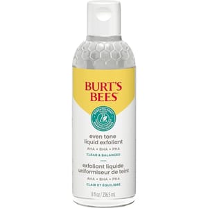 Burt's Bees Even Tone Liquid Exfoliant with AHA, BHA, and PHA is a dermatologist-tested product for clear and balanced skin, available in an 8 fl oz (236.5 mL) bottle.