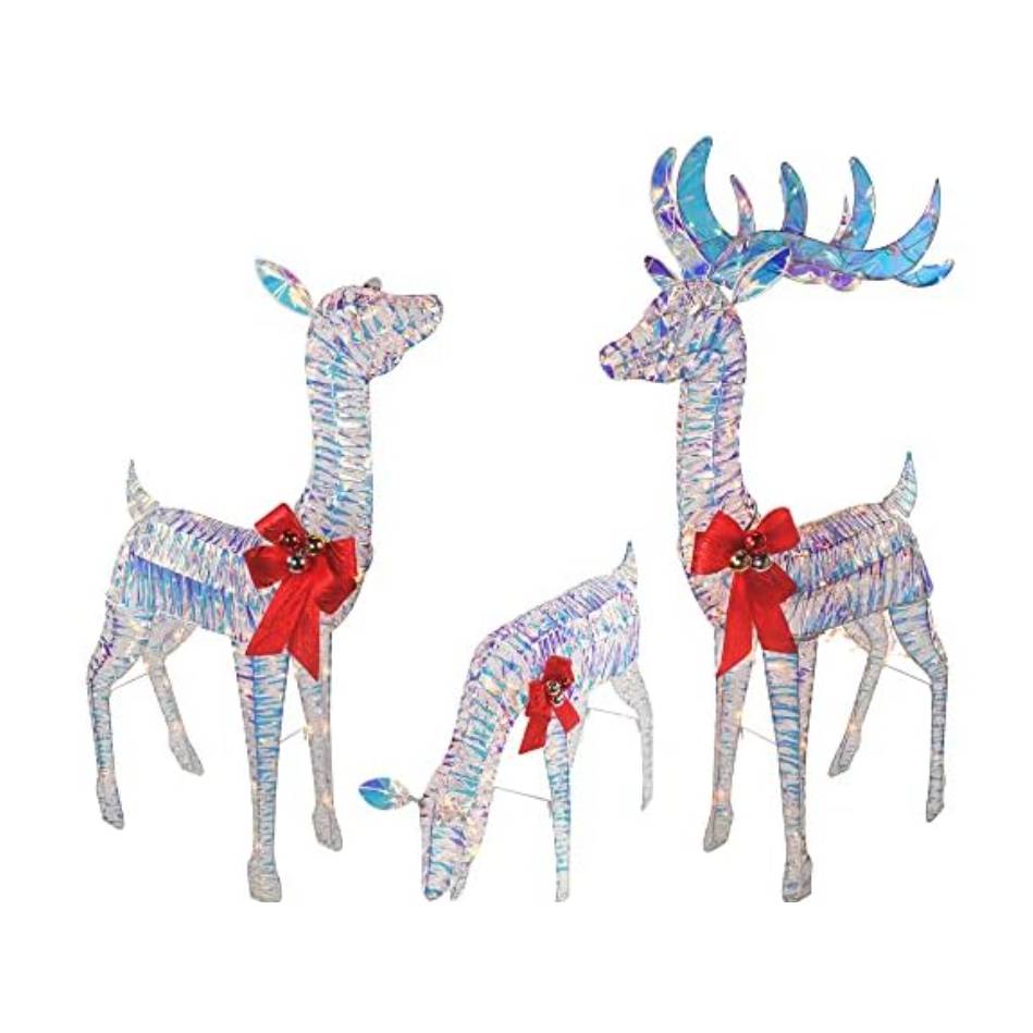 Iridescent lighted deer decorations with red bows and bells, including one standing deer, one grazing deer, and a deer with antlers.