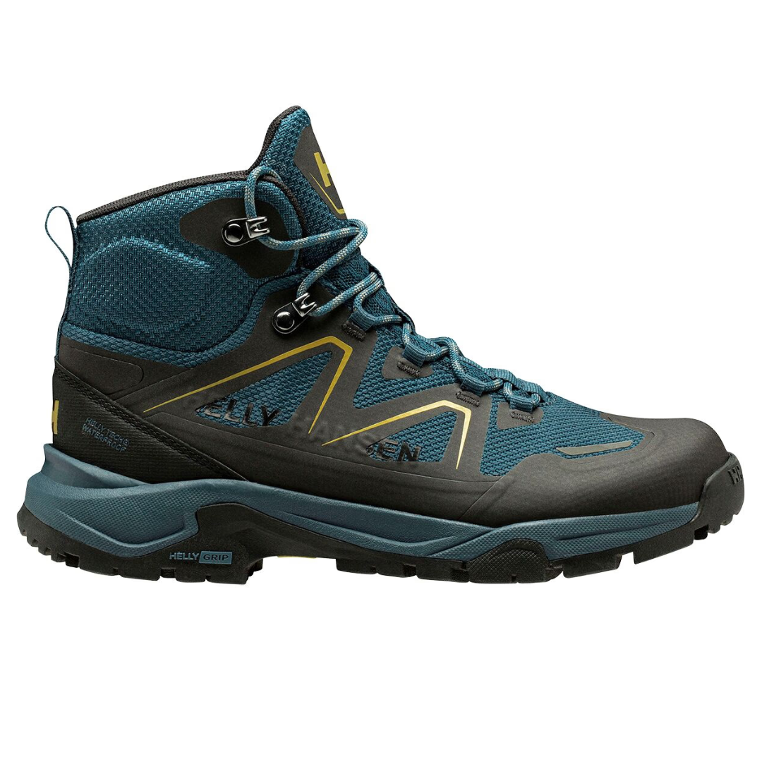 Blue and black waterproof hiking boot with a high-ankle design, featuring Helly Hansen branding and durable outdoor-oriented soles.