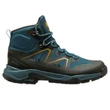 Blue and black waterproof hiking boot with a high-ankle design, featuring Helly Hansen branding and durable outdoor-oriented soles.