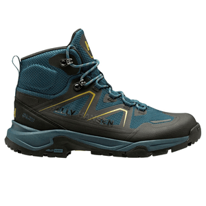 Blue and black waterproof hiking boot with a high-ankle design, featuring Helly Hansen branding and durable outdoor-oriented soles.