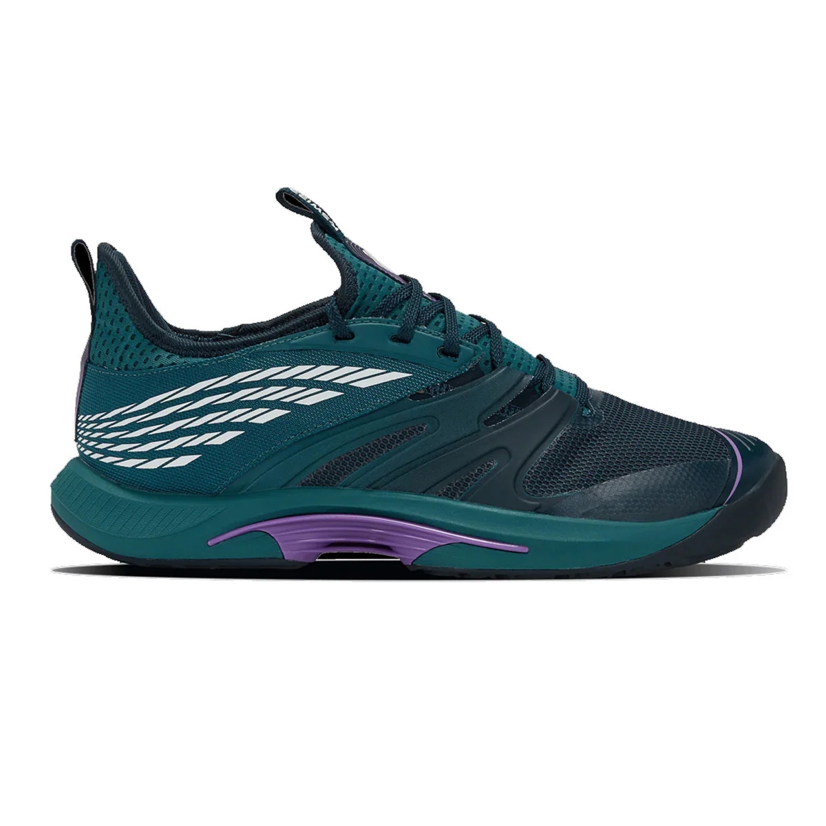 K-Swiss men's shoe in teal with a white graphic design on the side, features a low-cut mesh upper for breathability, lace-up closure, and a purple accent on the sole.