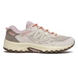 Trail running shoe with a beige and pink color scheme, featuring a mesh and suede upper, cushioned midsole, and rugged outsole for traction.