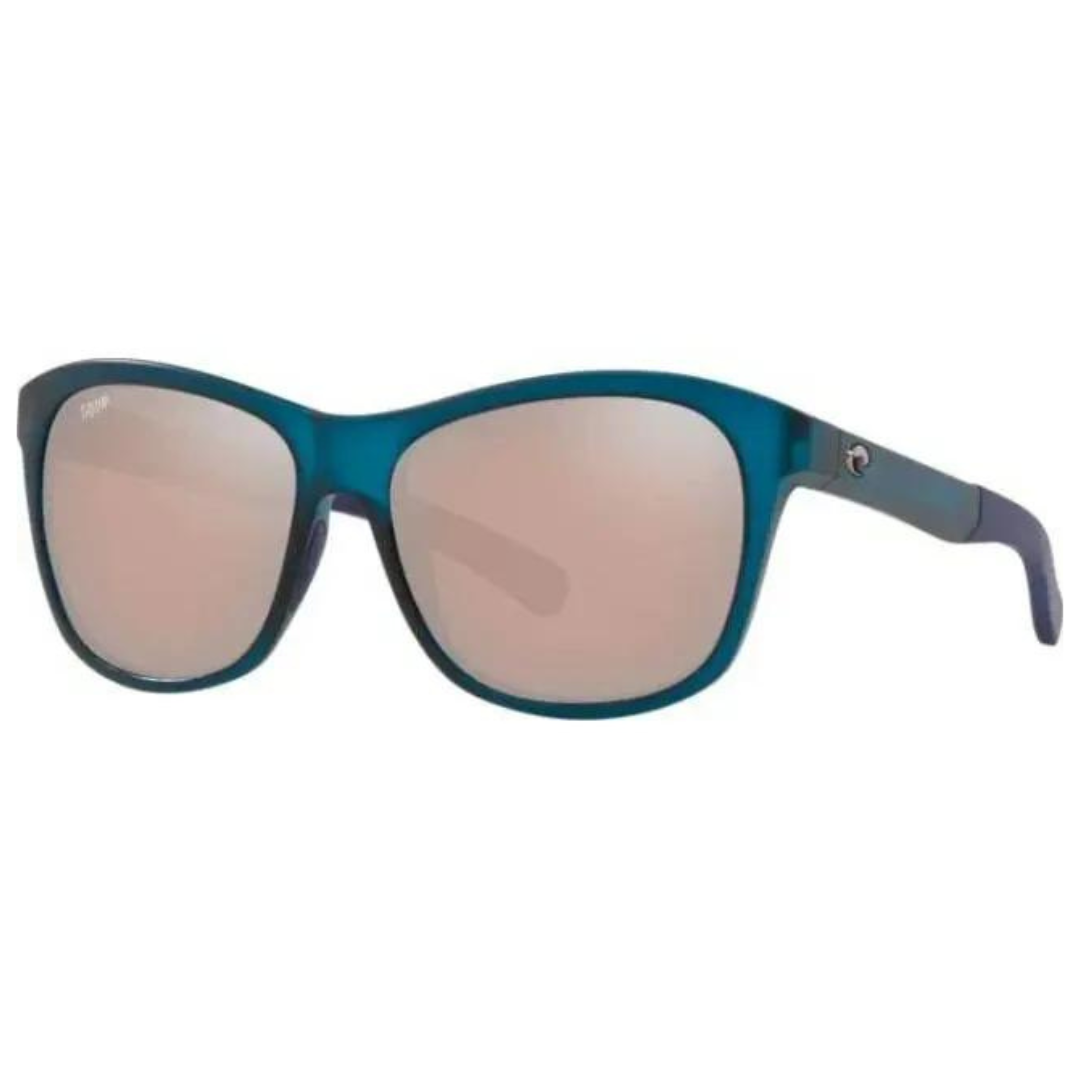 Blue-framed sunglasses with brown-tinted lenses.