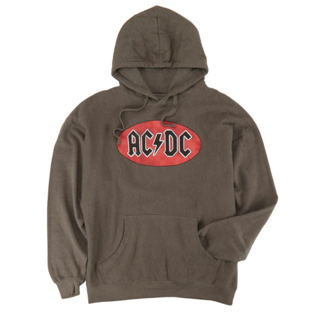 Brown hoodie with a red oval logo featuring \“AC/DC\“ in bold black and white letters, complete with a front pocket and adjustable hood.