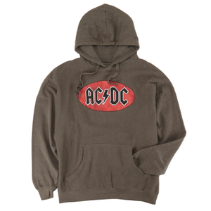 Brown hoodie with a red oval logo featuring \“AC/DC\“ in bold black and white letters, complete with a front pocket and adjustable hood.