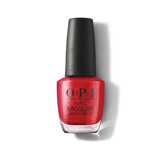 OPI Kiss My Aries Nail Lacquer is a vibrant red nail polish with a shimmering finish, packaged in a bottle with a black cap.