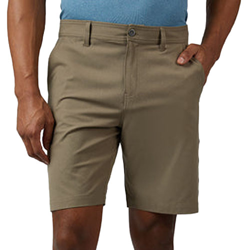 A person wearing khaki shorts with a button and zip closure, front pockets, and belt loops.