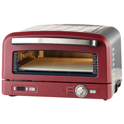 A Cuisinart countertop pizza oven in red with a glass window, digital display, and temperature control knob.