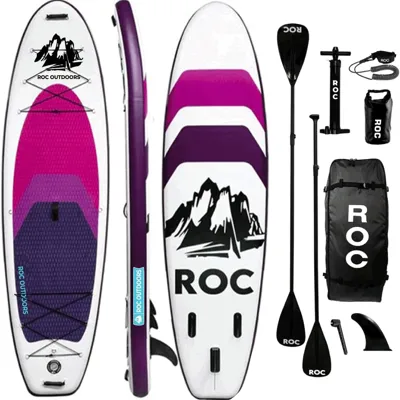 Roc Outdoors inflatable stand-up paddleboard set, featuring a purple and white board with mountain graphics, adjustable paddle, hand pump, detachable fin, safety leash, waterproof bag, and carrying backpack.