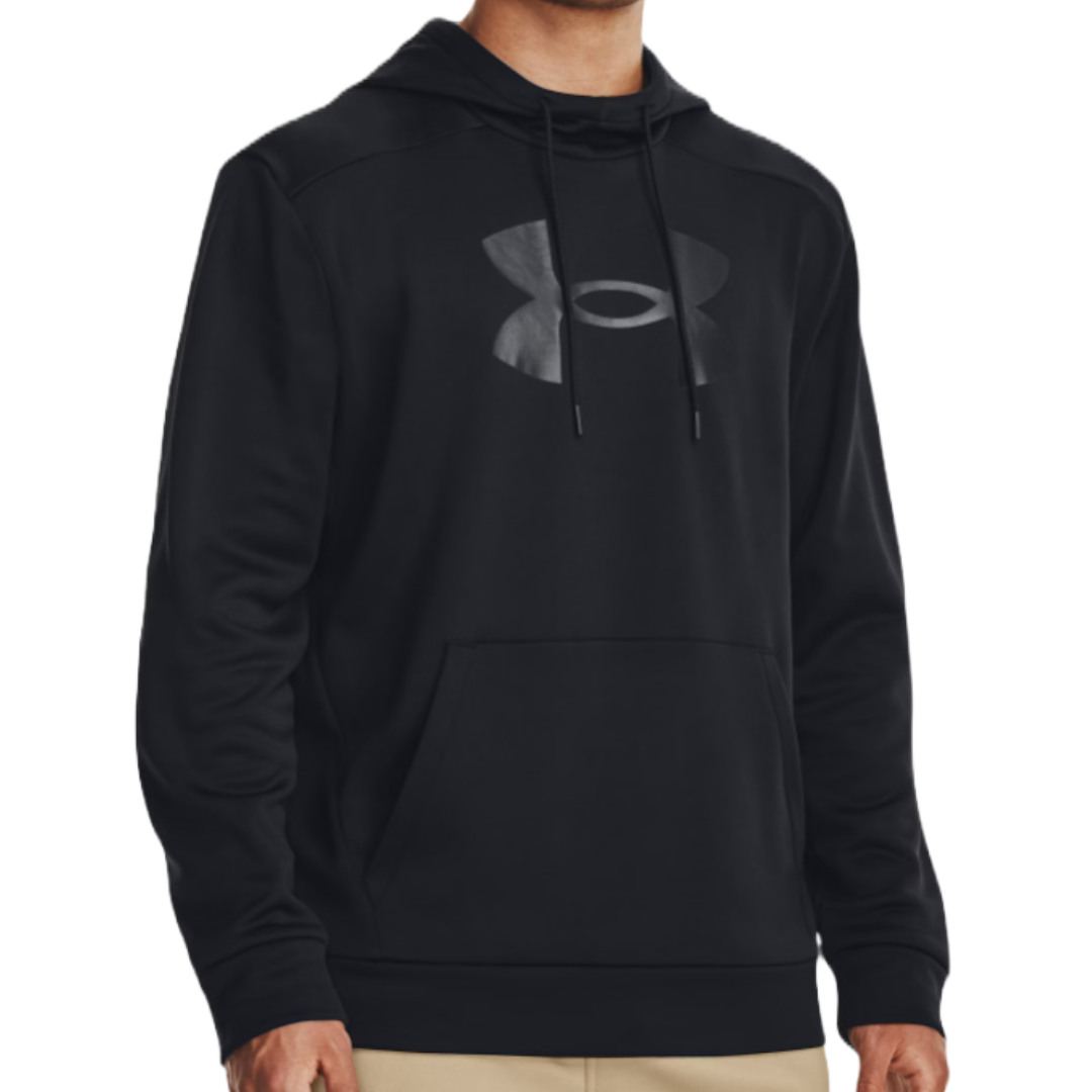A black Under Armour hoodie with a large logo on the chest, featuring a drawstring hood and a front kangaroo pocket.