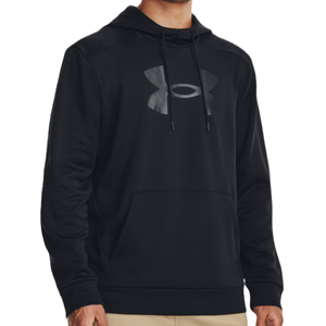 A black Under Armour hoodie with a large logo on the chest, featuring a drawstring hood and a front kangaroo pocket.