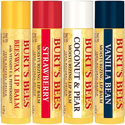 Burt's Bees lip balms in four varieties: Beeswax with Vitamin E & Peppermint, Strawberry, Coconut & Pear, and Vanilla Bean.