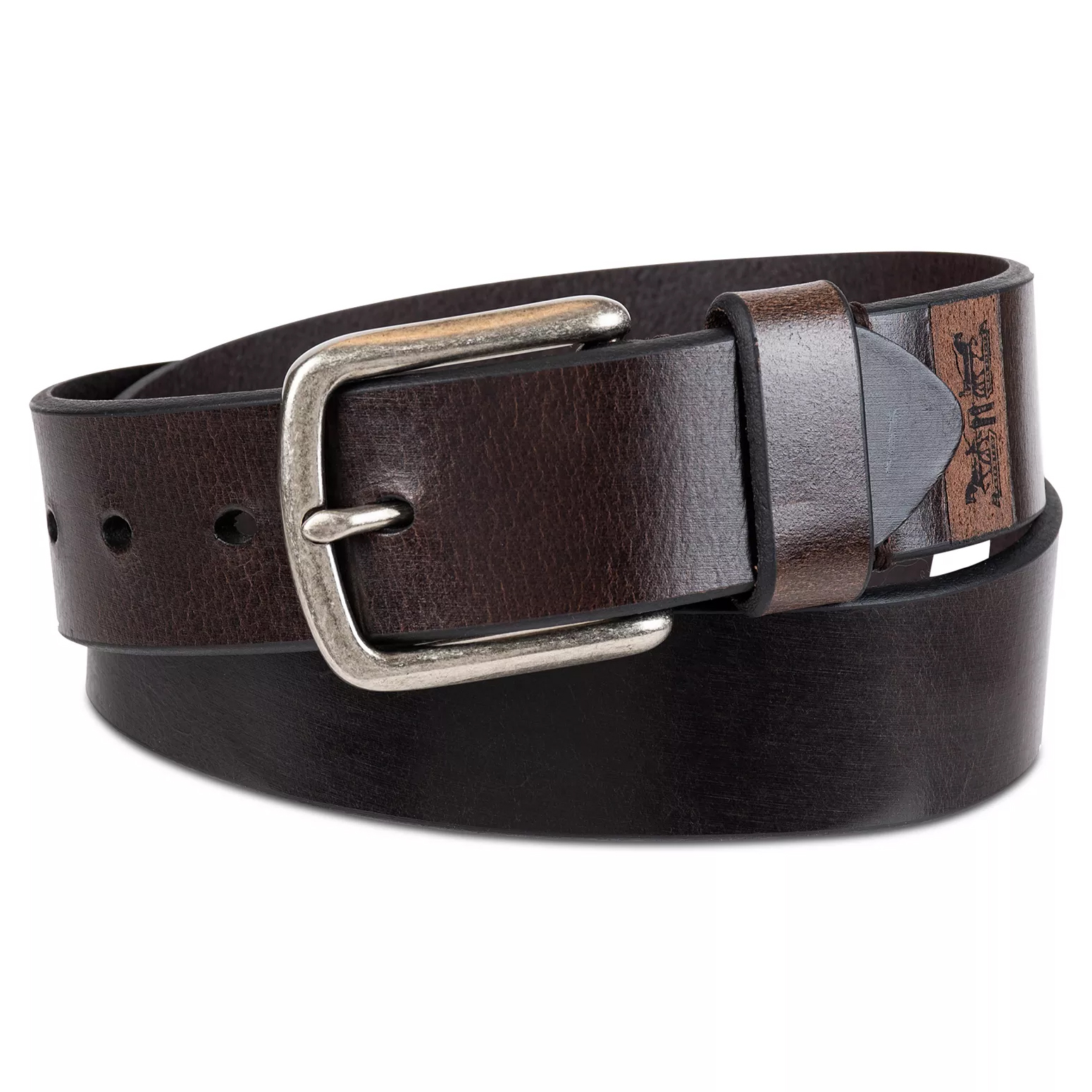 A dark brown leather belt with a silver buckle and multiple adjustment holes, featuring a stitched loop and a small logo detail.