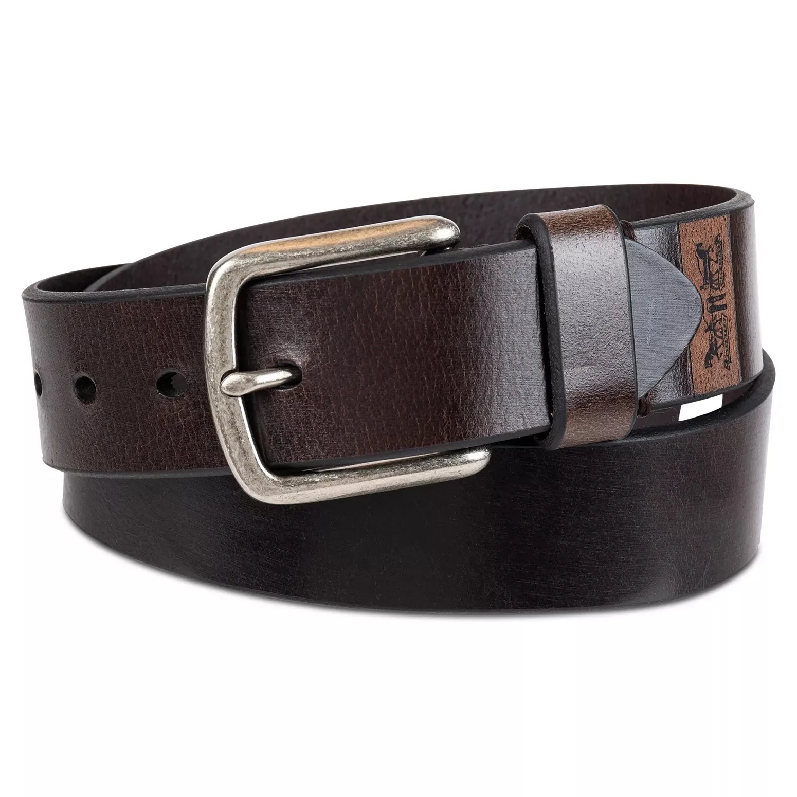 A dark brown leather belt with a silver buckle and multiple adjustment holes, featuring a stitched loop and a small logo detail.