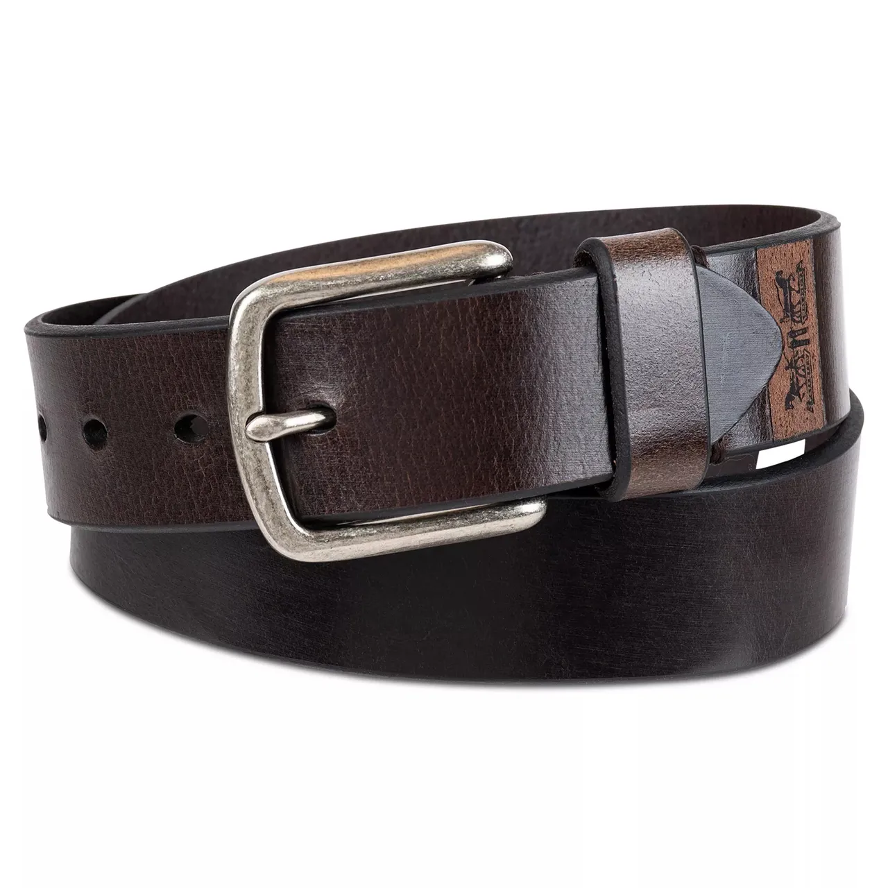 A dark brown leather belt with a silver buckle and multiple adjustment holes, featuring a stitched loop and a small logo detail.