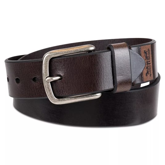 A dark brown leather belt with a silver buckle and multiple adjustment holes, featuring a stitched loop and a small logo detail.