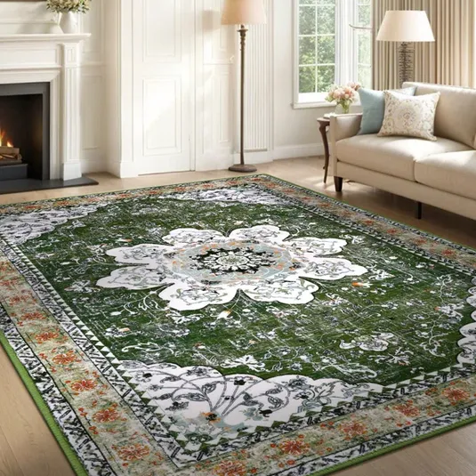 A green and white floral patterned area rug is laid on a living room floor, surrounded by a fireplace, sofa, and lamps. The rug features an intricate design with a central floral motif and decorative borders.