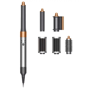 A hair styling tool set with a main device and six different attachments: two curling barrels, a round brush, a firm smoothing brush, a soft smoothing brush, and a volumizing brush.