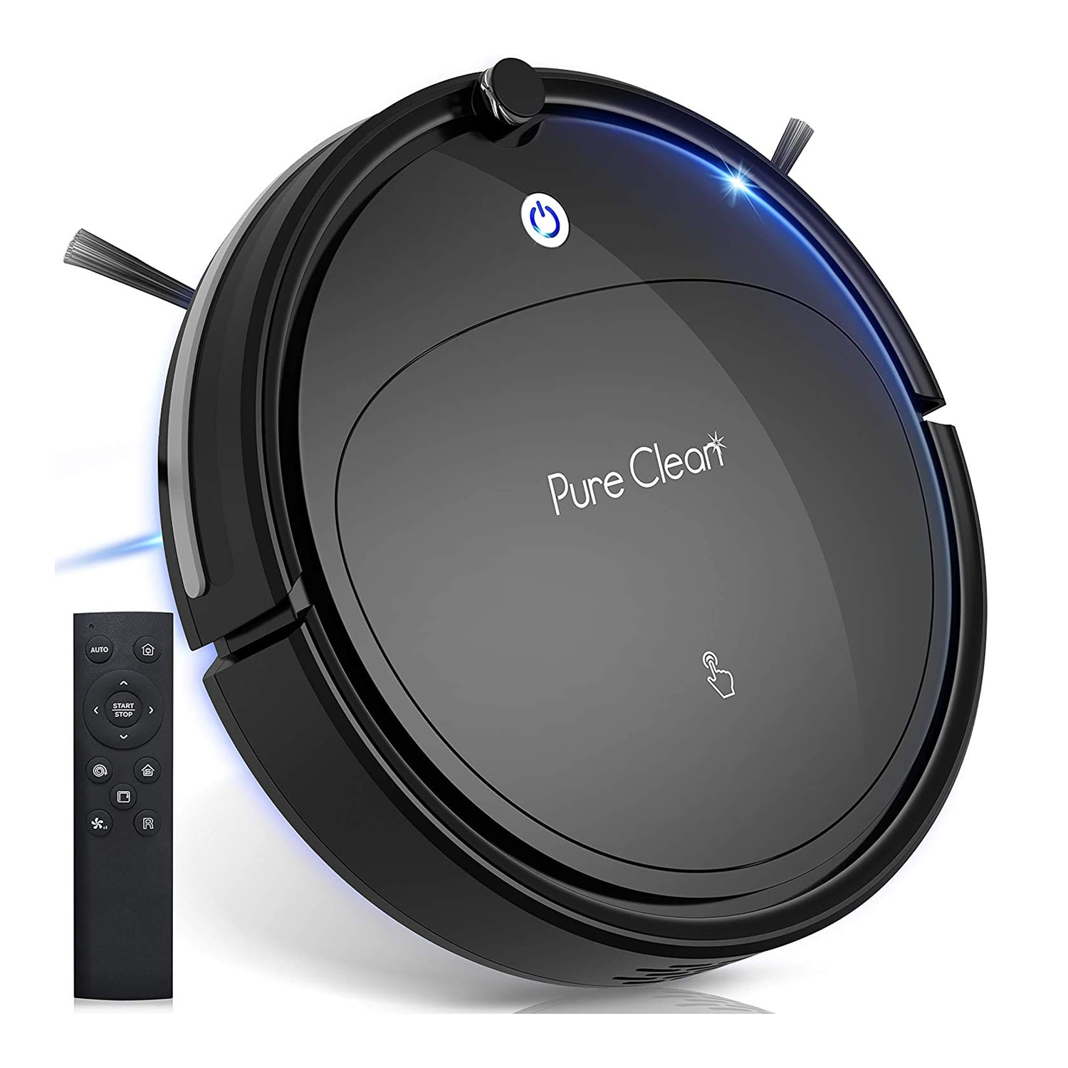 A black robotic vacuum cleaner with a remote control.