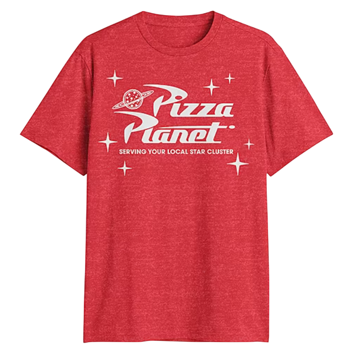 Red T-shirt with a white \“Pizza Planet\“ logo featuring a planet with rings, surrounded by stars, and the phrase \“Serving your local star cluster\“.