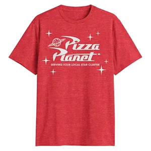 Red T-shirt with a white \“Pizza Planet\“ logo featuring a planet with rings, surrounded by stars, and the phrase \“Serving your local star cluster\“.