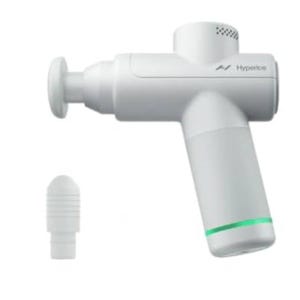 A white Hyperice massage gun with an ergonomic handle and two interchangeable attachments for muscle relief.