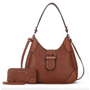A brown leather handbag with an adjustable strap and matching wallet, both featuring metal stud details.