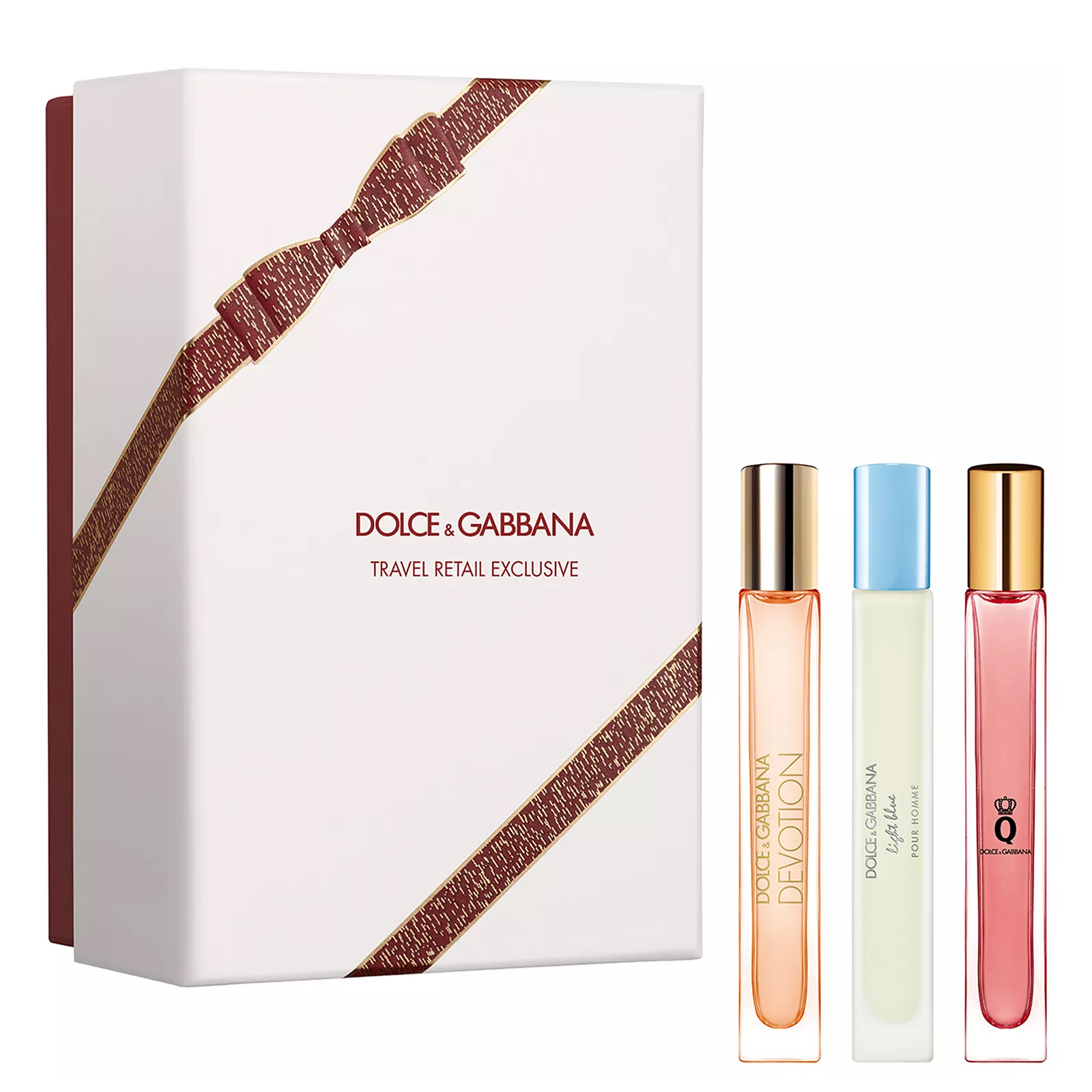 Dolce & Gabbana travel retail exclusive set featuring three fragrances in slim bottles with a decorative box.