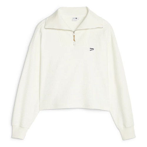 White quarter-zip fleece pullover with long sleeves and a small logo on the chest.