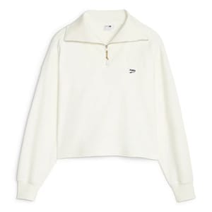 White quarter-zip fleece pullover with long sleeves and a small logo on the chest.