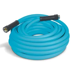 Aqua blue flexible garden hose with black connectors.