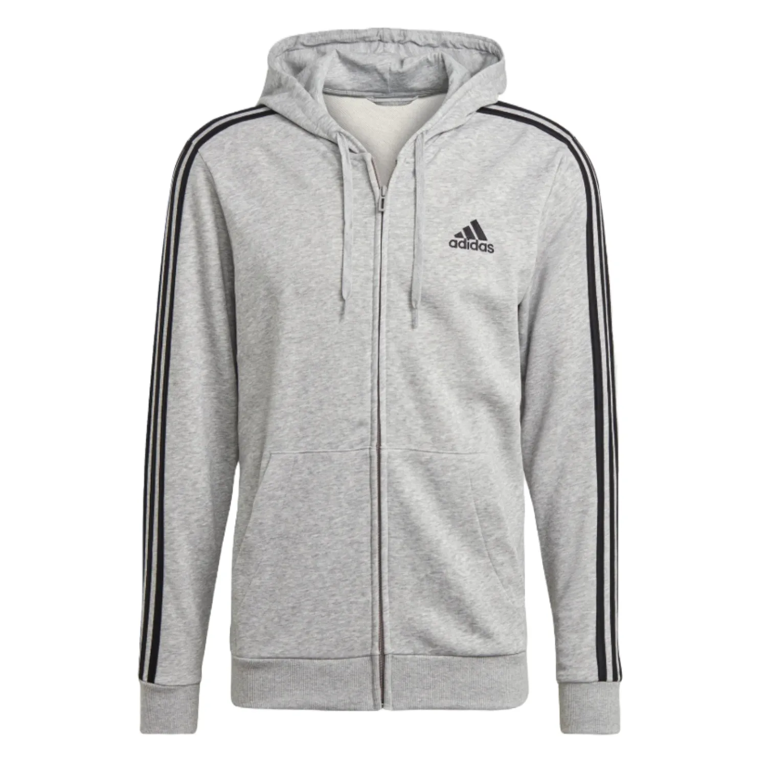 Gray Adidas hoodie with a full zip, drawstring hood, and three black stripes on the sleeves. Features the Adidas logo on the chest and is made from French terry fabric.