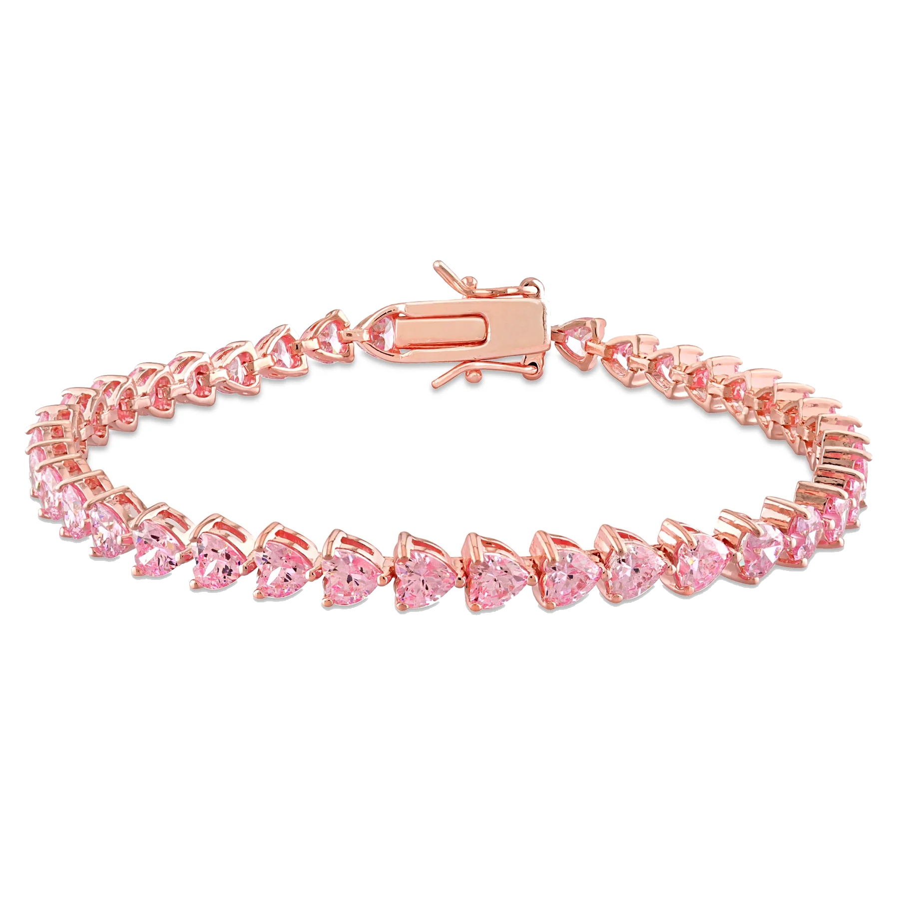 A bracelet with pink sapphire stones set in a rose gold-tone metal, featuring heart-shaped gems linked together with a secure clasp.