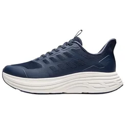 Blue athletic shoe with a white, thick, textured sole and a breathable mesh upper design.