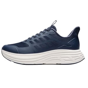 Blue athletic shoe with a white, thick, textured sole and a breathable mesh upper design.