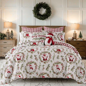 A festive bedroom setup features a bed with a Christmas-themed quilt, pillows adorned with holiday patterns, and a decorative penguin plush. The room includes a wall wreath and small Christmas trees on nightstands with lit lamps.