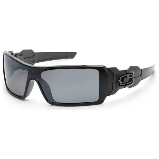 Sunglasses with a sleek black frame and gray lenses featuring a geometric design on the temple and a subtle logo embellishment on the side.