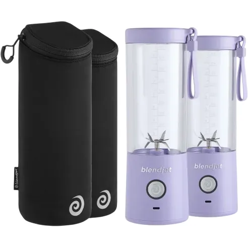 Two portable blenders in lavender color with measuring markings and carrying loops, paired with two black cylindrical travel cases.