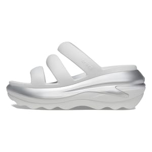 A white and silver sandal with three thick straps and a textured, platform sole.