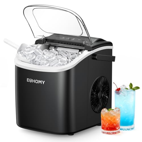 A portable Euhomy ice maker with an open lid, filled with ice cubes, is shown alongside two colorful beverages.
