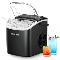 A portable Euhomy ice maker with an open lid, filled with ice cubes, is shown alongside two colorful beverages.
