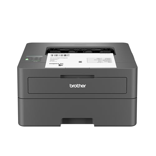 A Brother monochrome laser printer, featuring a compact, boxy design with a simple front-loading paper tray and a top output slot.