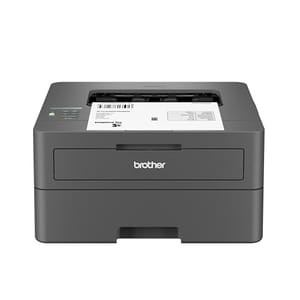A Brother monochrome laser printer, featuring a compact, boxy design with a simple front-loading paper tray and a top output slot.